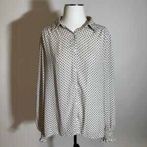 Max Studio White Dot Print Collared Long Sleeve Button Down Shirt Womens Size XL